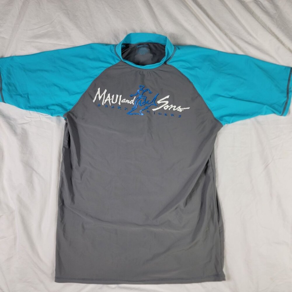 Maui And Sons Shark Riders Mens XL Gray Blue Shirt UV Protection Rash Guard